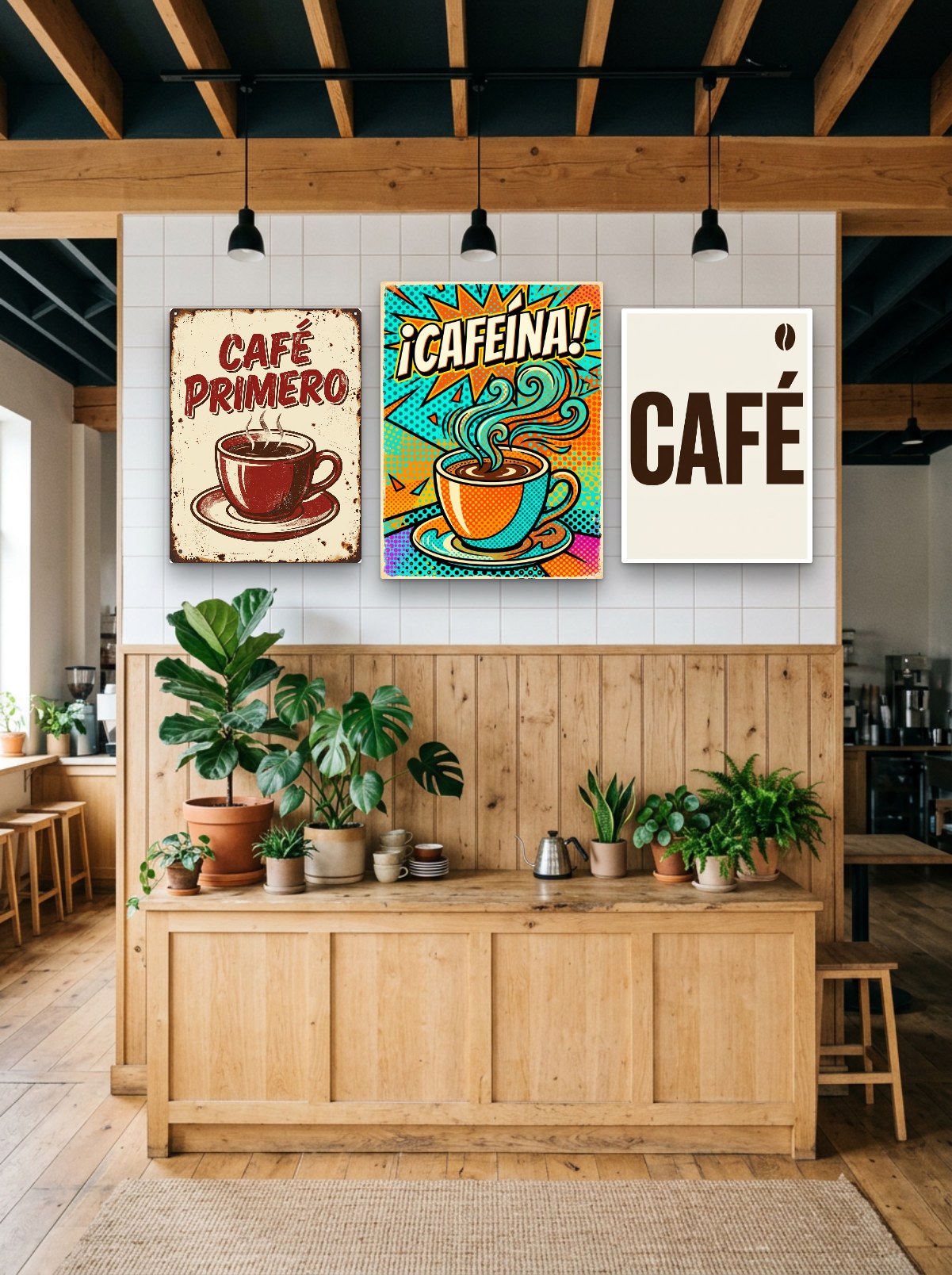 Pared de una cafetería decorada con cuadros del pack